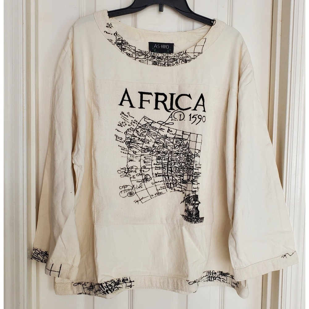 Ashro Africa‎ AD 1590 Map Graphic Long Sleeve Cotton Top Cream Mens Medium